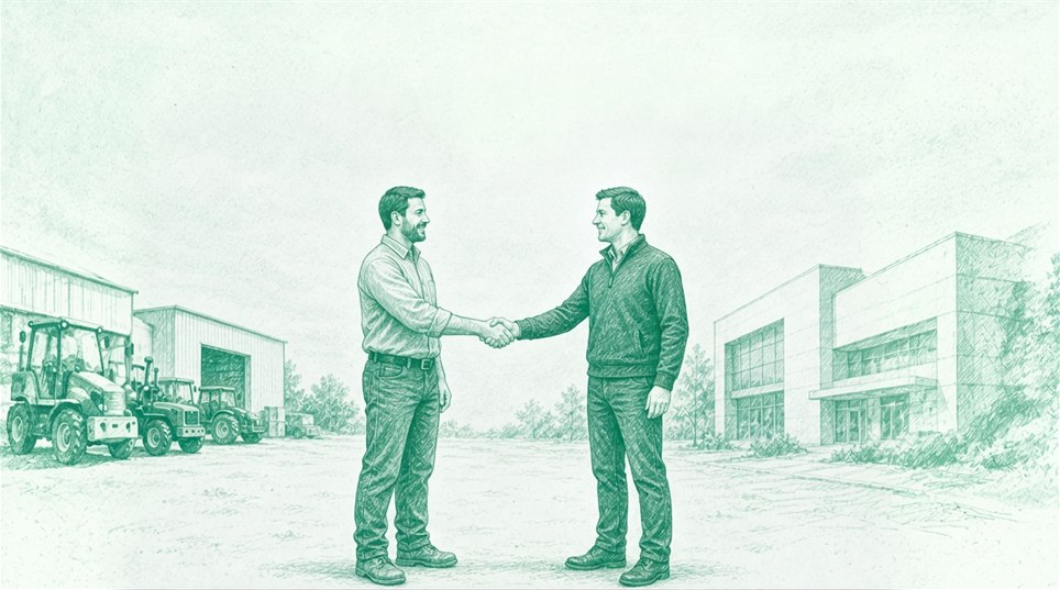 Two partners shaking hands outside an equipment dealership