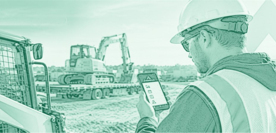 A job-site worker managing rentals on a phone