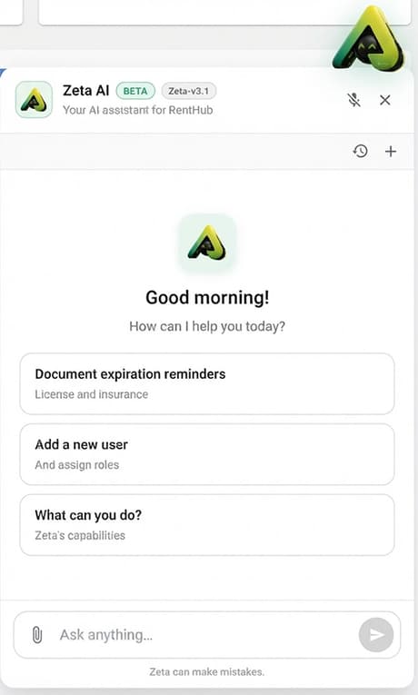 Zeta AI assistant panel inside RentHub